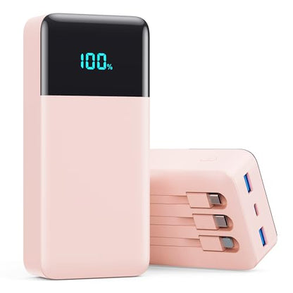 Portable Charger 50800mAh Power Bank with 3 Built in Cables,25W PD QC4.0 Fast Charging USB C Battery Pack,6 Outputs 2 Inputs Travel Essentials Phone Charger for iPhone 18/17/16/15/Pro,Android,Pink - color: Pink