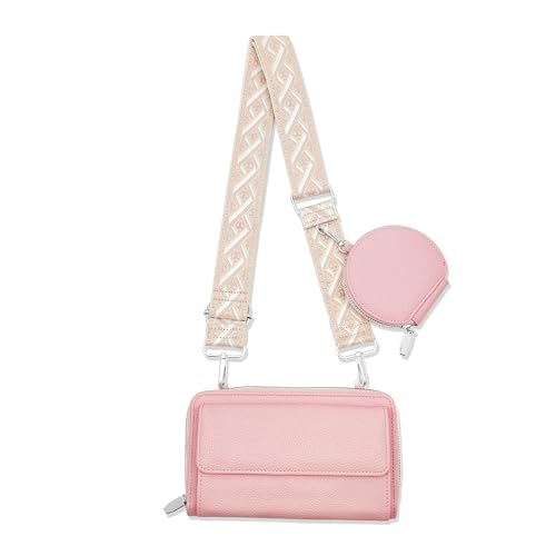 Cell Phone Crossbody Lanyard with Zipper Pouch PU Leather Crossbody Phone Bags Purses with Strap Wallet - color: Pink