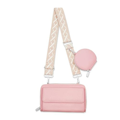 Cell Phone Crossbody Lanyard with Zipper Pouch PU Leather Crossbody Phone Bags Purses with Strap Wallet - color: Pink