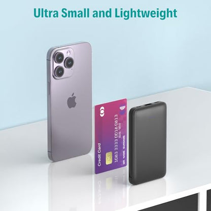 Sethruki Smallest Portable Charger with Built-in Cables 5000mAh,Ultra Slim Power Bank,Mini High Speed External Battery Packs,Lightweight USB C Phone Charger for iPhone Samsung Google Android (Black) - color: black