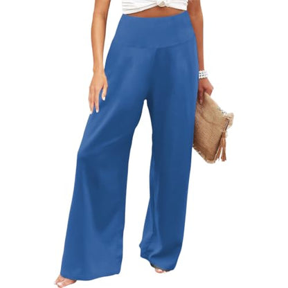 Women's Palazzo Lounge Wide Leg Casual High Waist Flowy Pants with Pockets - color: 01-blue, size: Small