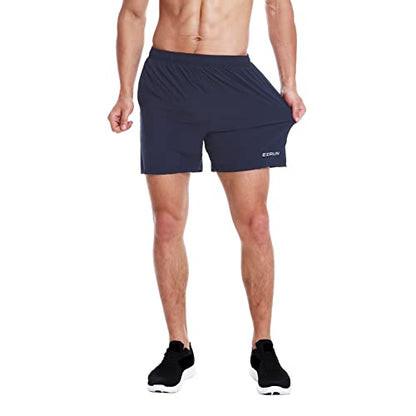 EZRUN Men's 5" Athletic Running Shorts Quick Dry with Liner Zip Pocket - color: Navy Blue, size: Small