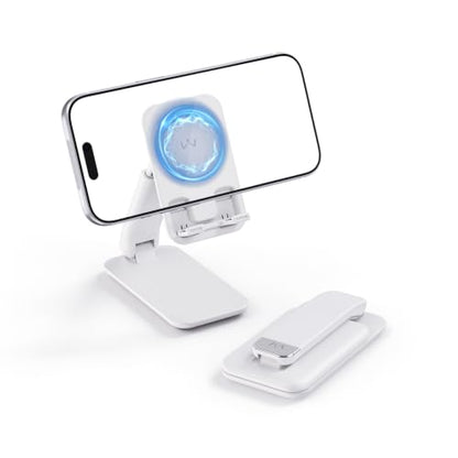 iWALK Magnetic Cell Phone Stand for Desk, Angle and Height Adjustable Mobile Phone Holder, Foldable Magnet Stand for iPhone 17 16 15 14 13 12 Pro Max and iPad, Cell Phone Holder for Samsung, White - color: White