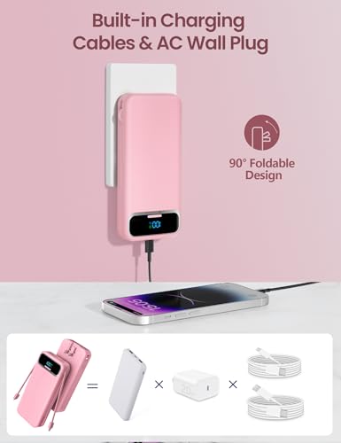 aonidi Portable Charger 12000mAh with Built-in Cables&AC Wall Plug, Pink - color: Pink