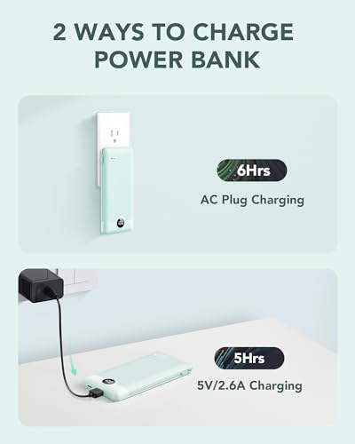 VRURC Portable Charger Built-in Cables and AC Wall Plug, USB C Power Bank 10000mAh, Travel Battery Portable Phone Charger Compact Lightweight External Battery Pack for Smart Phones, Tablets etc-Green - color: Green