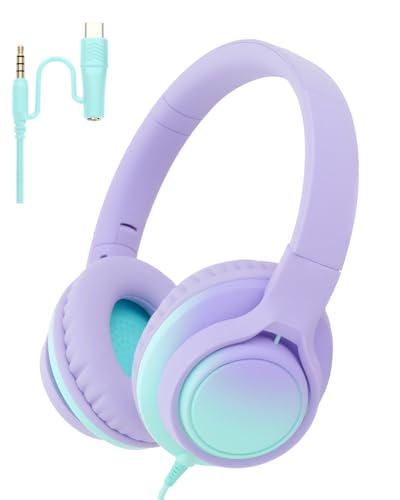 USB C & 3.5mm 2 in 1 Wired Headphones, Stereo Over Ear Headphones - color: Purple-Green