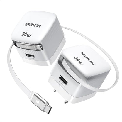 USB-C Charger Block, 30W GaN 2 Port Fast Charging w/Built-in Retractable C Cable & Foldable Plug, PD/PPS for iPhone 16Pro Max/16/Pixel 9 pro/Galaxy/iPad/MacBook (White-2pcs) - color: 30W*white*2