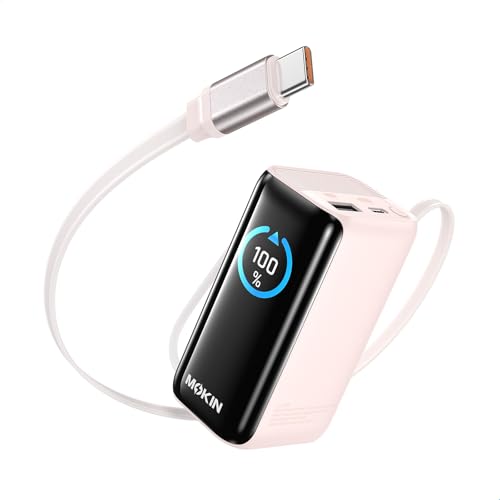 MOKiN Portable Charger with Built-in Retractable USB-C Cable, 45W Fast Charging 10000mAh Power Bank, Compact Travel Battery Pack for iPhone 17/16, Samsung Galaxy, iPad, Pixel and More - color: Pink