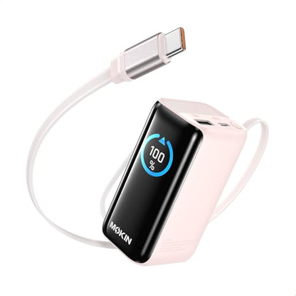 MOKiN Portable Charger with Built-in Retractable USB-C Cable, 45W Fast Charging 10000mAh Power Bank, Compact Travel Battery Pack for iPhone 17/16, Samsung Galaxy, iPad, Pixel and More - color: Pink
