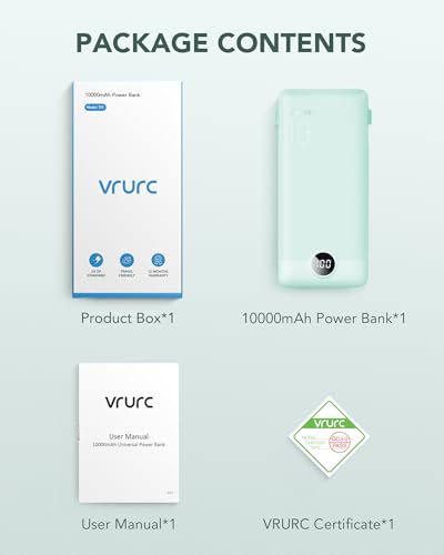 VRURC Portable Charger Built-in Cables and AC Wall Plug, USB C Power Bank 10000mAh, Travel Battery Portable Phone Charger Compact Lightweight External Battery Pack for Smart Phones, Tablets etc-Green - color: Green