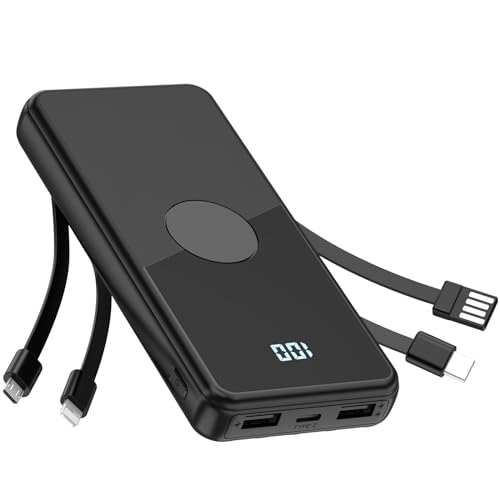 Portable Charger with Built in Cables,High Speed Power Bank 10000mAh Travel Battery Pack 5 Outputs 3 Inputs Portable Phone Charger Backup Battery for iPhone, Samsung, iPad,Tablets (Black) - color: Black