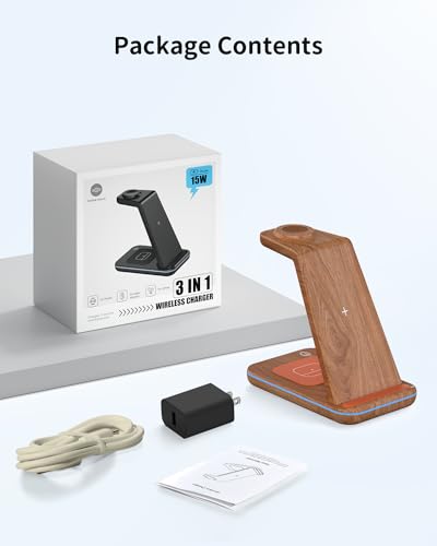 JoyGeek 3 in 1 Charging Station for Apple Devices, Wireless Charger Stand for iPhone 17/16/15/14/13/12/11/SE/X Pro Max Plus - Apple Watch 11/10/9/Ultra 2/8/SE/7/6/5 - AirPods Pro 2/3/2 - color: Woodgrain Color