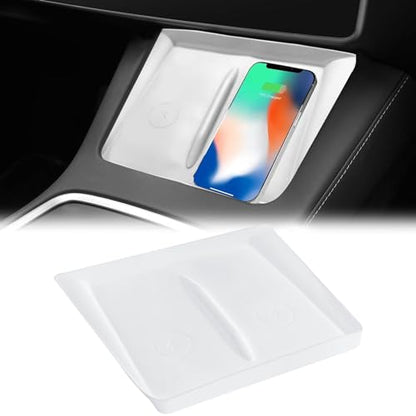 Center Console Wireless Charging Silicone Mat Compatible with Tesla Model 3 2024 Accessories Waterproof Cover Interior Pad Non-Slip Mats Phone Tray Upgrade Protector Mats (White) - color: White