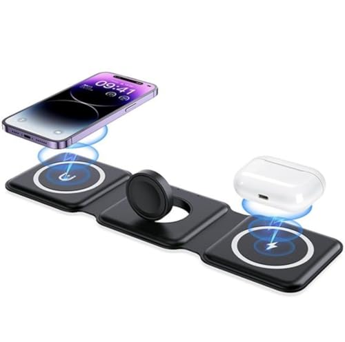 Charging Station is Compatible with Apple Multiple Devices - 3 in 1 Foldable Magnetic Wireless Charger Dock-Travel Charging Pad for iPhone 16 15 14 13 12 Pro Max Plus Watch & Airpods. (Black).