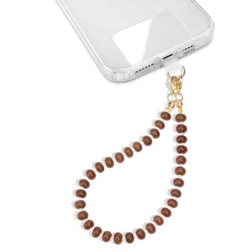 Natural Stone Beaded Phone Wrist Strap for Women, 304 Steel Core - color: Camel