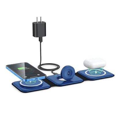 3 in 1 Wireless Charging Station for Apple,Foldable Magnetic Travel Charger - color: deep blue