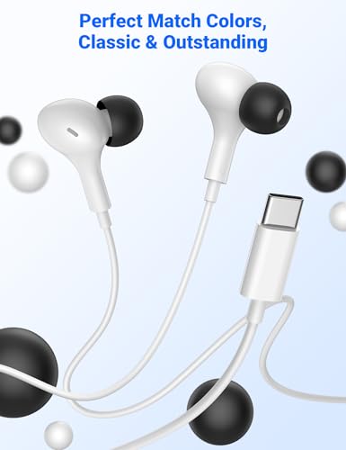 USB C Earbuds with Microphone Cute in Ear Wired Headphone - color: White Black
