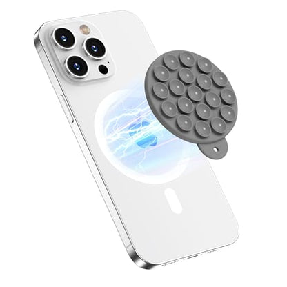 Magnetic Suction Cup Phone Mount with MagSafe, Silicone Hands-Free Grip Holder for iPhone Case and Android, Mirror Shower Phone Stand for Makeup FaceTime Gym Kitchen Bathroom, Gray - color: Gray