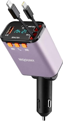 Retractable Car Charger,5 in 1 Fast Cars Phone Charger 60w,Bluetooth 5.3 FM Transmitter Adapter,Handsfree Call,MP3 Player,2 Retractable Cables and USB Chargers, for Phone,Galaxy,Pixel (Purple) - color: Purple