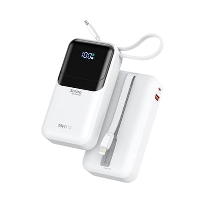 Portable Charger Power Bank Fast Charging,10,000mAh Battery Pack with Built in USB C & Lightning Cable,PD 30W Output for iPhone 17/16/15 Series,LED Display,4 Outputs for Samsung,Android etc
