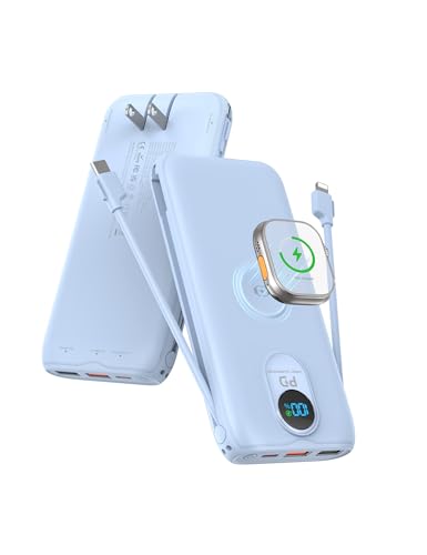 Portable Charger Power Bank 10000mAh PD20W w/Built-in Cables & AC Plug - color: LightBlue