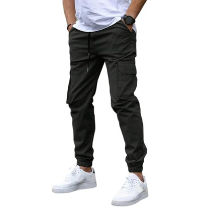 Mens Cargo Pants Casual Baggy Sweatpant Drawstring Waist Cuffed Pants Lightweight Stretch Trousers with Pockets