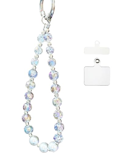 Sparkle Crystal Pearl Phone Wrist Strap for Women, Sparkling Beaded Cellphone Lanyard Chain - color: White