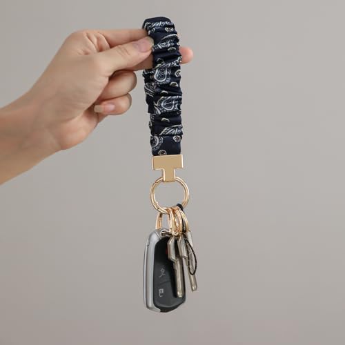 Blue Floral Scrunchie Wristlet Keychain– Tarnish-Resistant Key Ring - color: Navy Blue