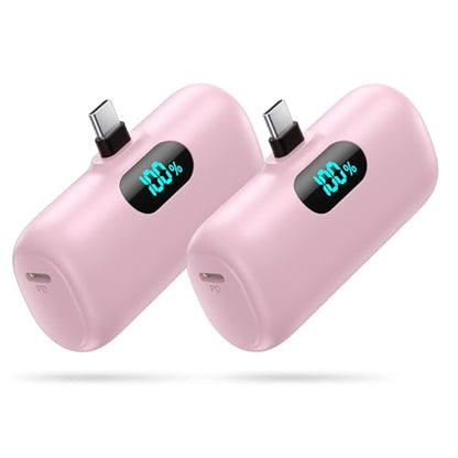 [2-Pack] Mini Portable Charger USB C Power Bank,Upgraded 5000mAh PD Fast Charging Battery Pack Built-in USB-C Connector Travel Essential for iPhone17/17Pro/17Pro Max/Air/16 Plus/16Pro Max/15 Series - color: Pink+Pink