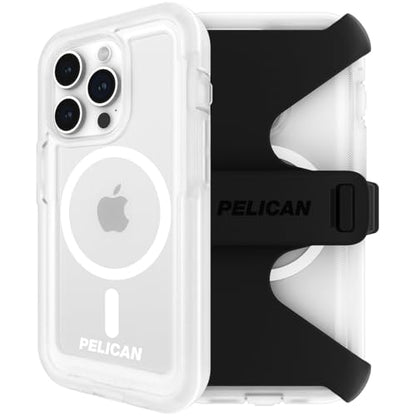 Pelican Voyager Series - iPhone 15 Pro Case 6.1" [Compatible with MagSafe] [Anti-Yellow] Magnetic Charging Phone Case with Belt Clip Holster Kickstand [18ft Military Grade Drop Protection] - Clear
