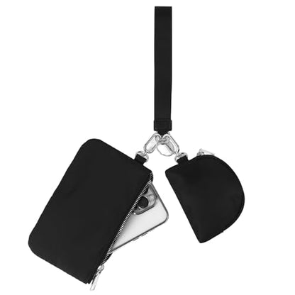 Mini Zip Around Wristlet Wallet, Dual Pouch Keychain Coin Purse for Women | Phone wallet design, detachable pouches, waterproof nylon, zipper closure, card holder, travel and daily essentials organizer - color: Black+Silver