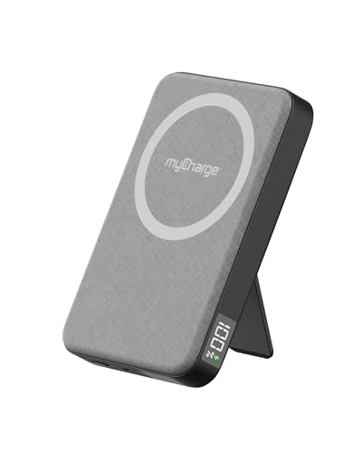 myCharge CliqLuxe Magnetic Wireless Power Bank 10,000mAh | iPhone & MagSafe Compatible | Qi2.2 25W Mag Safe Portable Charger | Built-in Stand | 20W PD USB-C Port | Premium Grey Fabric - size: 10K, style: Without Wall Plug (Grey)
