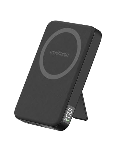myCharge CliqLuxe Magnetic Wireless Power Bank 10,000mAh | iPhone & MagSafe Compatible | Qi2.2 25W Mag Safe Portable Charger | Built-in Stand | 20W PD USB-C Port | Premium Black Fabric - size: 10K, style: Without Wall Plug (Black)