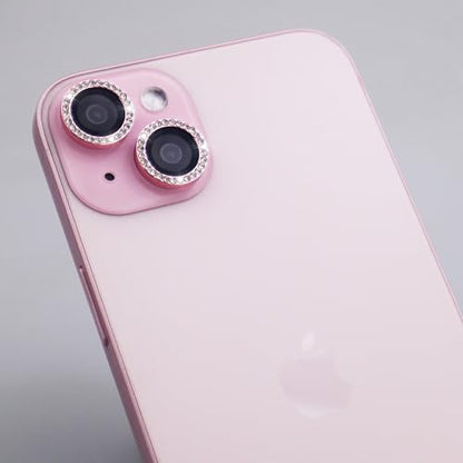 Camera Lens Protector for iPhone 15/15 Plus/14/14 Plus Bling Diamond Metal Ring Rhinestone Tempered Glass Lens Cover Accessories (Pink) - color: Pink