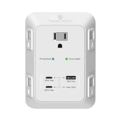 Travel Depot 5-Outlet Wall Outlet Extender with Surge Protector, (White) - color: White