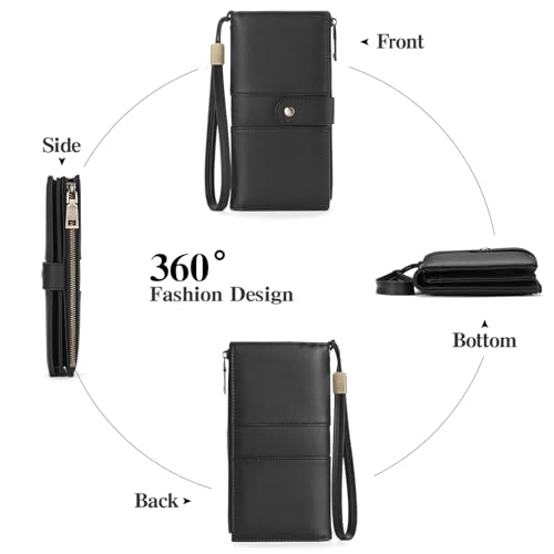 GAEKEAO Wallets for Women Leather RFID Blocking Large Capacity Card Case Ladies Wristlet Clutch Wallets Zipper Pocket with 4 ID Windows 20 Card Slots - color: Black