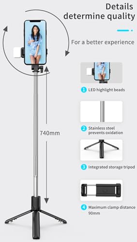 XIHAMA Selfie Stick Tripod with Light,3 in 1 Extendable Selfie Stick with Wireless Remote,Portable Phone Tripod Stand Compatible with iPhone 16 15 14,Samsung Smartphone and More - color: Black+Light