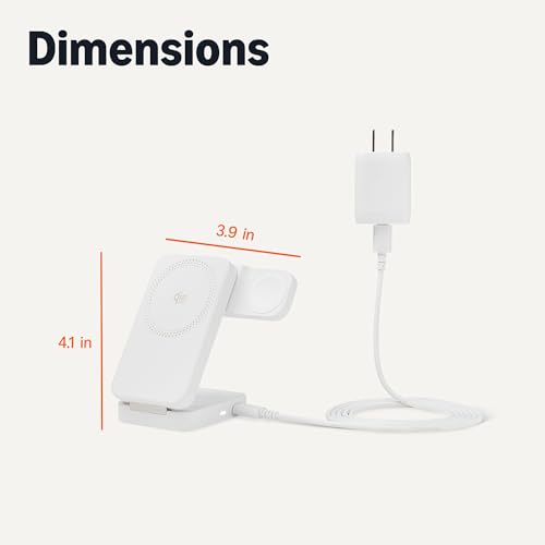 Amazon Basics MagSafe Compatible 25W Fast Charging Qi2.2 Certified 3-in-1 Wireless Charging Station, Foldable Stand for iPhone 17/16/15/14/13/12, Apple Watch, AirPods, with 45W Adapter, White - color: White