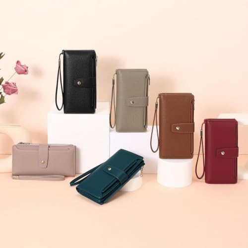 GAEKEAO Womens Wallet RFID Blocking Large Capacity Vegan Leather Card Holder Wristlet Clutch with 32 Card Slots 4 ID Windows - color: X03-Wine Red
