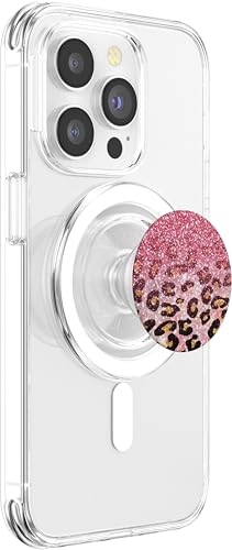 Cute Pink Leopard Print Pattern Fashion Design on Black PopSockets PopGrip for MagSafe - style: Magnetic PopGrip