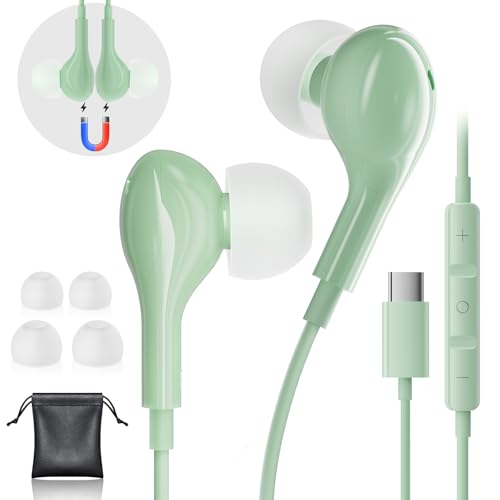 USB C Headphones for iPhone 17 16 15 Pro Max, Wired Earbuds with Mic, Volume Control, Noise Cancelling, Compatible with iPhone 15/16/ 17 Air/iPad Pro/Samsung Galaxy S26 / S25/ S24/S23 Ultra - color: Green