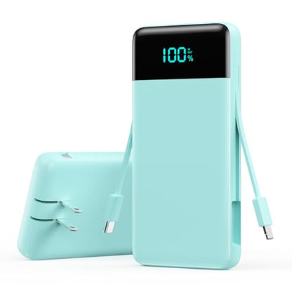 Portable Charger with Built-in AC Plug and Cables,13800mAh All in One USB C Fast Charging Power Bank,Travel Essentials Portable Phone Charger Battery Pack for iPhone 17/16/15/13,Galaxy,Android-Green - color: Green