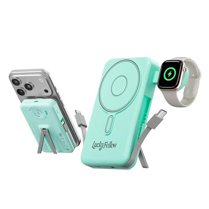 Magnetic Portable Charger Built-in Cables,10000mAh Fast Charging Wireless Charger Station External Battery Pack Slim Pocket Size Power Bank with Stand Compatible with iWatch, iPhone - color: Green