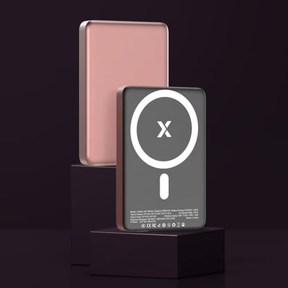 X Blade 10K Slim Magnetic Power Bank - 10000 mAh – MagSafe Portable Charger for iPhone and Samsung, Wireless Fast Charging USB-C PD 20W, Ultra Thin Metal Design, Rose Gold - color: Rose Gold