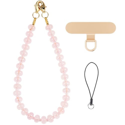 CH.yishi Beaded Phone Charm Wrist Strap with Tether Tab,Camera Lanyard - color: Rose Quartz
