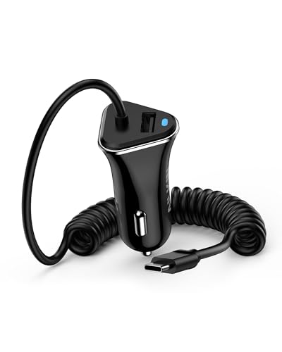 iPhone 18 17e USBC Car Charger with Built-in 3ft Coiled Cable Fast Charging - color: Black Coiled Charger