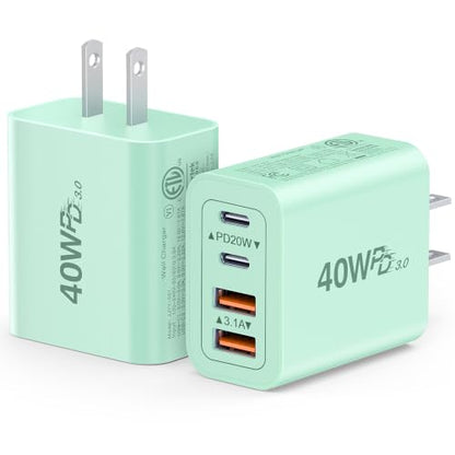 [2-Pack] 40W USB C Charger Block, Multiple Ports Wall Plug Power Adapter - color: 40W 2Pack Parrot Green
