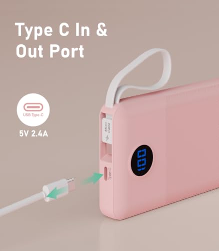 Portable Charger Built in 4 Cables, 10000mAh Power Bank, Pink - color: Pink
