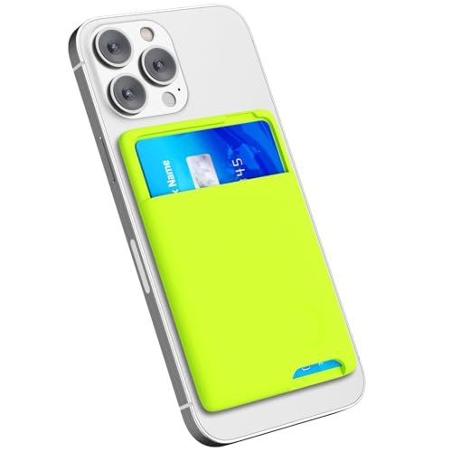 oakxco Phone Wallet Stick On, Secure Phone Card Holder Silicone, Adhesive Pocket Sleeve ID Credit Card, Slim Thin Card Case for Men Women Cute, Compatible with Apple iPhone Samsung Pixel, Neon Green - color: Neon Green