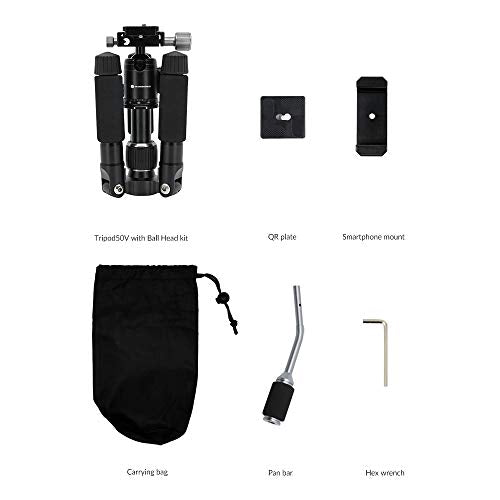 Tripod 50V Low-Profile Mini Tripod for Camera and iPhone Tabletop & Travel Compact Tripod with Pan Handle Aluminum Alloy Compatible with DSLR Smartphones 20 Inch Max Height - style: Tripod 50V